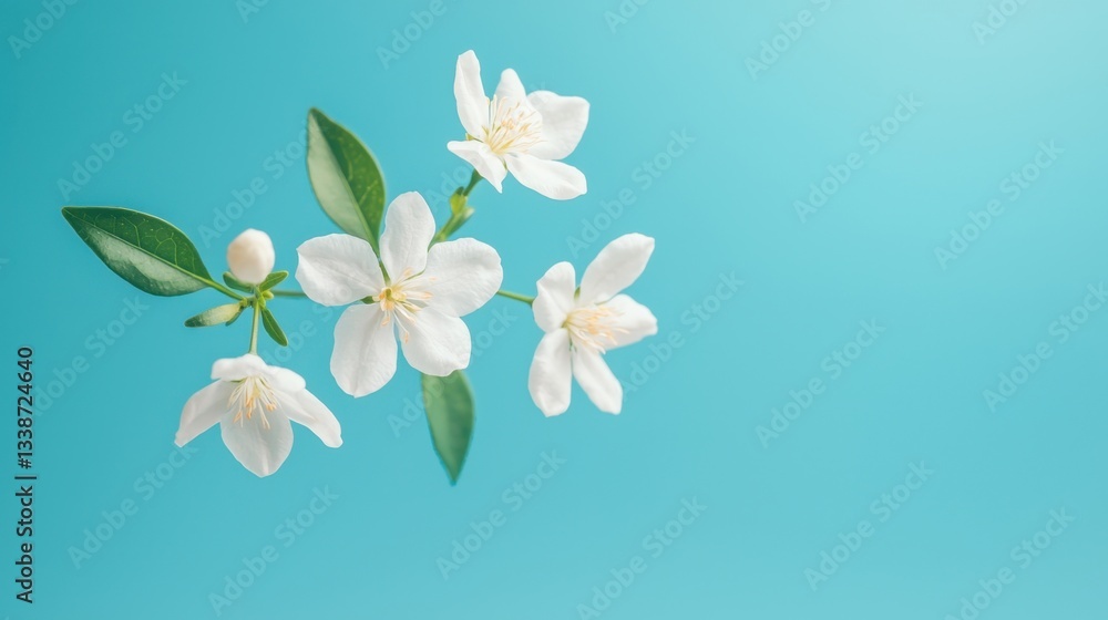 Obraz premium Delicate white blossoms with greenery against a serene blue background highlighting the beauty of nature and tranquility in floral arrangements and decor