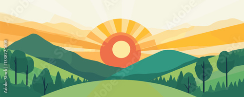 Vibrant sunrise over rolling hills with lush greenery and clear sky in serene landscape.