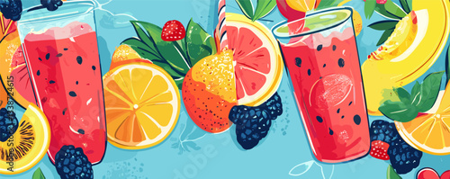 Colorful summer beverage and fresh fruits with lemon, kiwi, and berries on blue background.