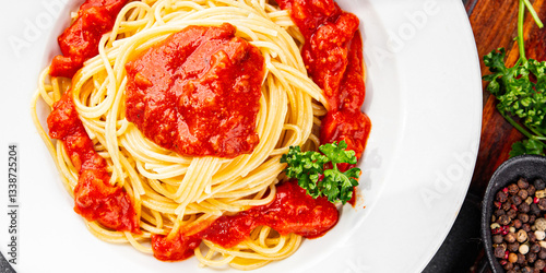 Spaghetti bolognese pasta tomato sauce tasty fresh delicious gourmet food background table rustic food top view copy space