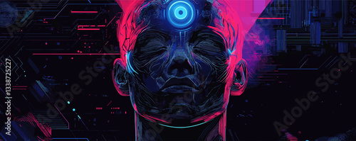 Futuristic cybernetic human with glowing neural implant in a digital matrix environment.