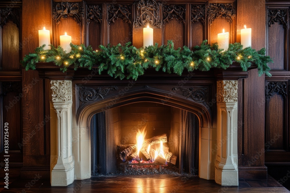 Elegant wooden mantel adorned with greenery and candles creates a cozy atmosphere for winter gatherings Generative AI Elegant wooden mantel adorned with greenery and candles creates a cozy atmosphere for winter gatherings Generative AI