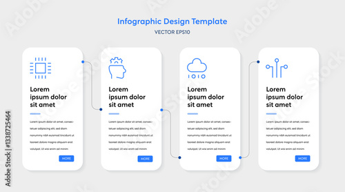 Infographic Tech Template with Minimal Clean Modern Elements. UI Interface Linear Layout 4 Step Connecting Node feathering AI Data Analysis Semiconductor Icons Marketing Business Report Presentation