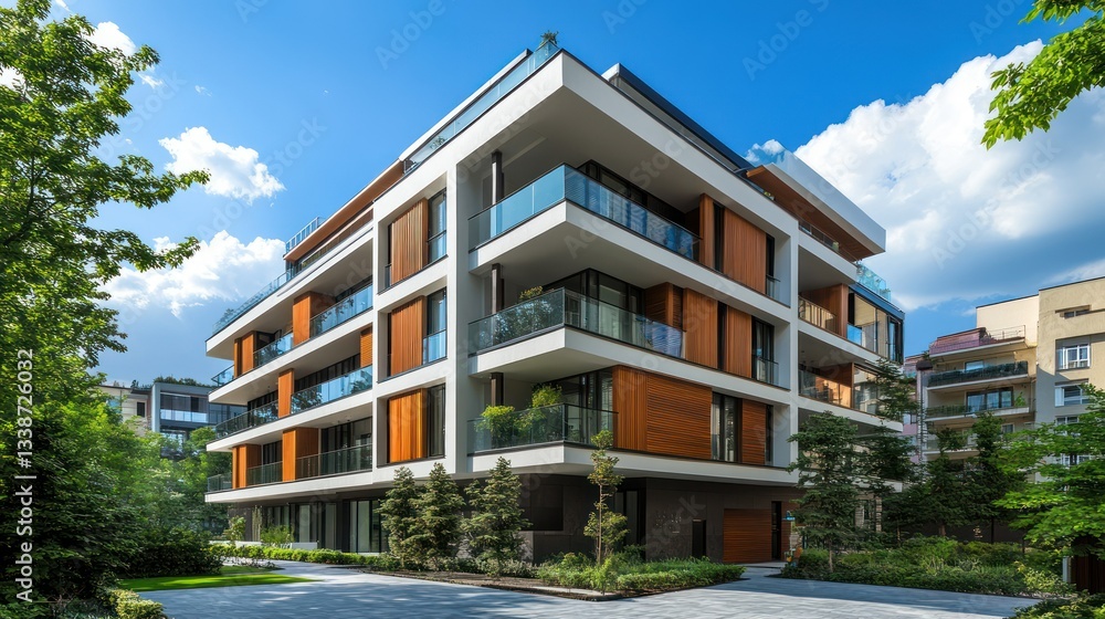 Fototapeta premium Modern Luxury Apartment Building in a Green Urban Setting