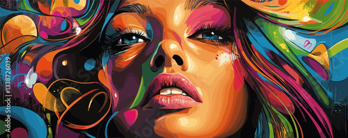 Colorful abstract portrait of a young woman with artistic makeup and vivid background.