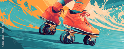 Colorful retro roller skates in action with bright orange and teal accents.