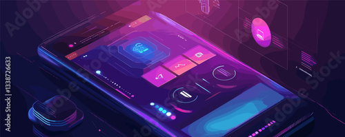 Futuristic digital interface on smartphone display with neon lights and cyber aesthetics.