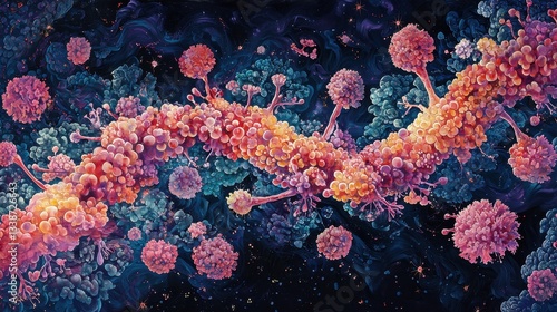 Digital art showcase aerial view of microscopic lifeforms in biology