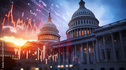 Capitol building with stock market graph symbolizes economic trends and government influence, 32k Resolution