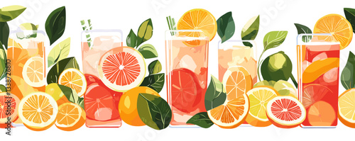 Vibrant citrus drinks with fresh oranges, lemons, and leaves against white background.