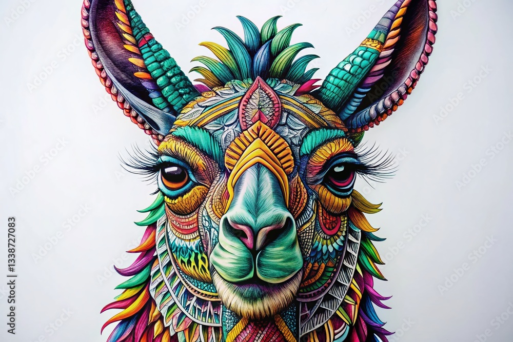 Fototapeta premium Vibrant Llama Head Zentangle Art: Colorful Abstract Design on Black Background