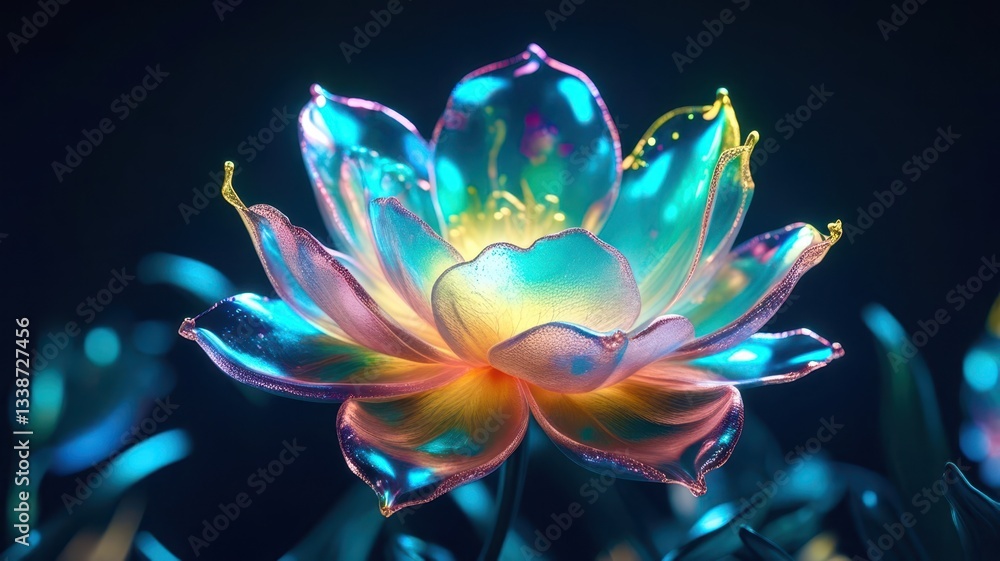 Obraz premium A colorful flower with a blue stem and green leaves