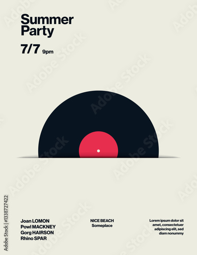 Summer Party Poster Template with Vinyl Illustration. Promotional Event Flyer or Leaflet. Printable eps10 vector.