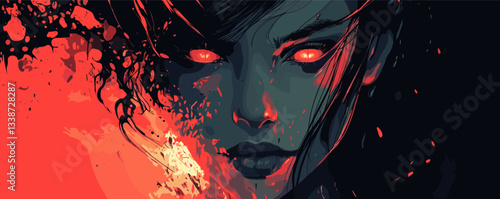 Intense female portrait with fiery red eyes in dramatic dark abstract art.
