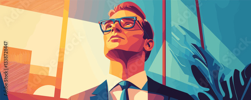 Confident young man gazing upward in modern office with vibrant light and shadows.