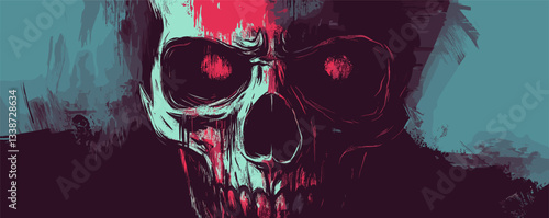 Dark abstract art of a red and white skull with glowing eyes on turquoise background.