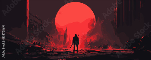 Lone figure with sword against red sun in apocalyptic landscape at sunset.