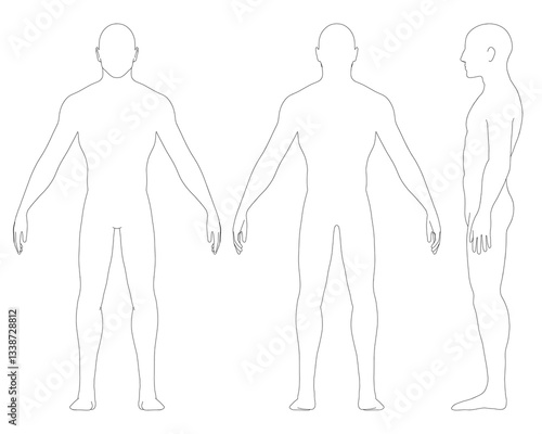Three figures are shown in a white background. The first figure is standing with his hands on his hips, the second figure is standing with his hands on his hips