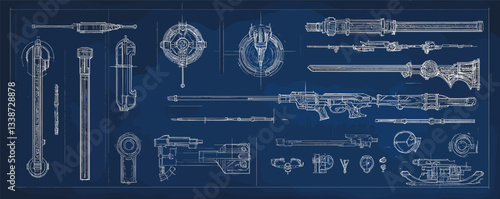 Detailed blueprint of various sci-fi weapons and gadgets with technical annotations.