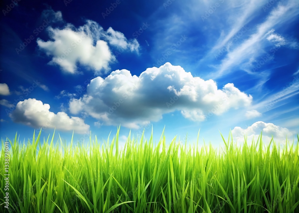 Vibrant Green Grass, Blue Sky, Fluffy Clouds - Perfect Background for Design Vibrant Green Grass, Blue Sky, Fluffy Clouds - Perfect Background for Design