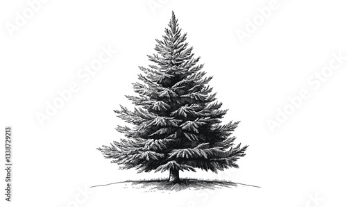 Detailed black and white illustration of a pine tree with dense branches.