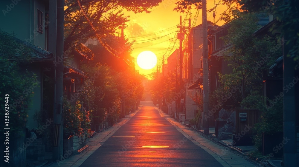 Fototapeta premium Golden sunset casting warm light over a quiet residential street in the city. Generative AI