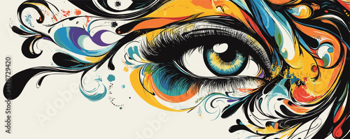 Abstract colorful eye with artistic swirls and splashes in vivid detail.