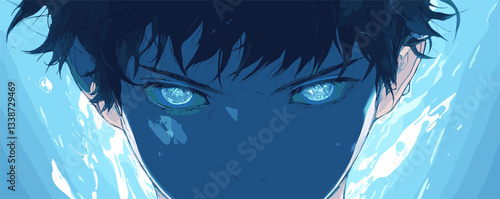 Intense staring male character with blue eyes and dark hair in dynamic anime art style.