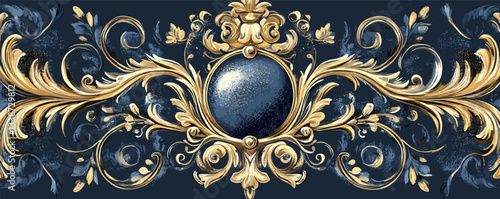 Elegant baroque style ornamental design with gold and blue floral swirls.