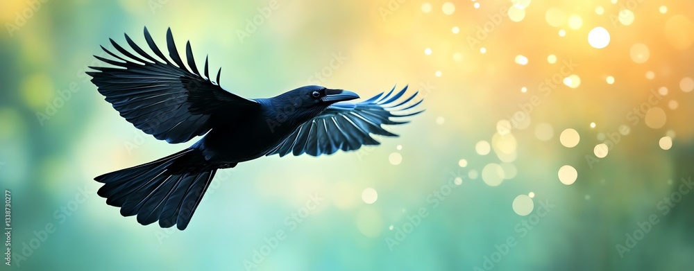 Fototapeta premium flying bird high above A striking bird in flight against a blurred, colorful background, symbolizing freedom and grace in nature.