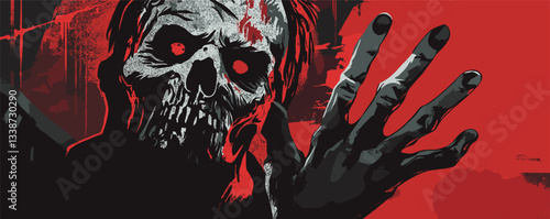 Terrifying undead creature reaching out with hand on bold red background.