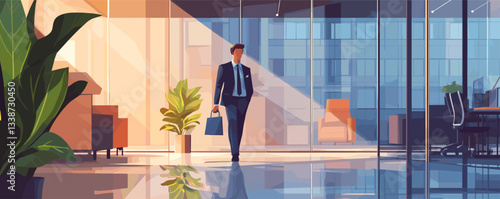 Businessman in modern office with briefcase and plants in a sunlit environment.