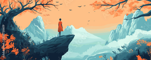 Woman in red dress standing on rock, overlooking mountain view, autumn colors.