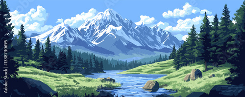 Snow-capped mountains and serene river scene with lush greenery and pine forest.