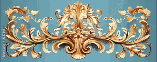 Elegant baroque floral design with ornate gold acanthus leaves on blue background.