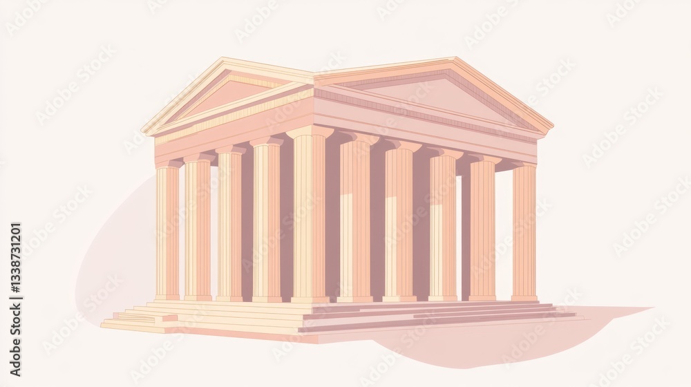 Fototapeta premium Classical temple illustration, pastel architectural drawing, light beige, empty foreground