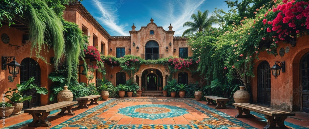 Obraz premium A stunning courtyard adorned with lush greenery and blooming flowers in a vibrant Mexican setting invites visitors to relax and admire its architectural beauty on a bright sunny day