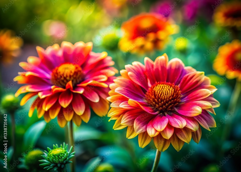Fototapeta premium Vibrant Flower Pair: Close-Up Botanical Garden Photography, Lush Greenery, Tilt-Shift Effect