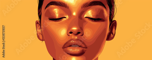 Artistic portrait of a young woman with closed eyes and glossy lips on a warm yellow background.