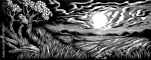 Dramatic monochrome landscape with boat on river under moonlit sky.