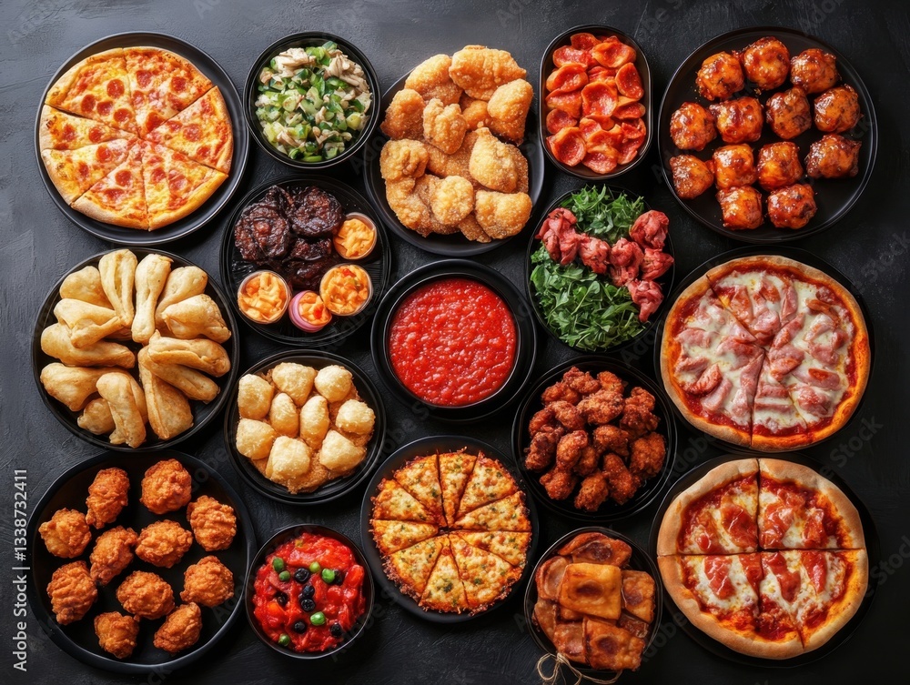 Abundant assortment of Italian and American cuisine on a dark backdrop featuring pizza pasta and fried foods for a delicious and tempting feast from above Abundant assortment of Italian and American cuisine on a dark backdrop featuring pizza pasta and fried foods for a delicious and tempting feast from above