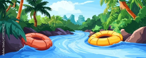 Scenic tropical river with two inflatable tubes surrounded by lush jungle foliage.