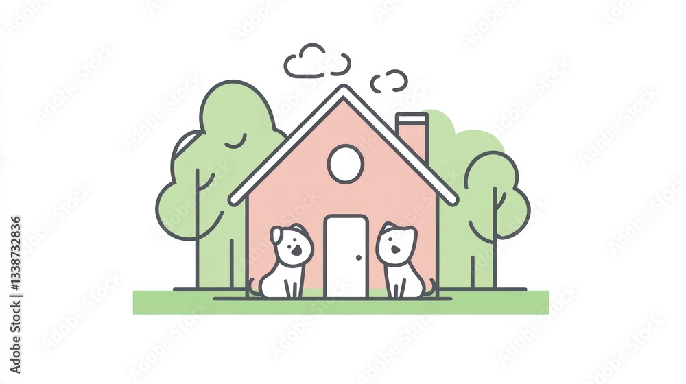 Cute dogs in front of a house; heartwarming family home; adorable pets Cute dogs in front of a house; heartwarming family home; adorable pets