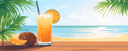 Refreshing orange cocktail on tropical beach with coconut and palm leaves.