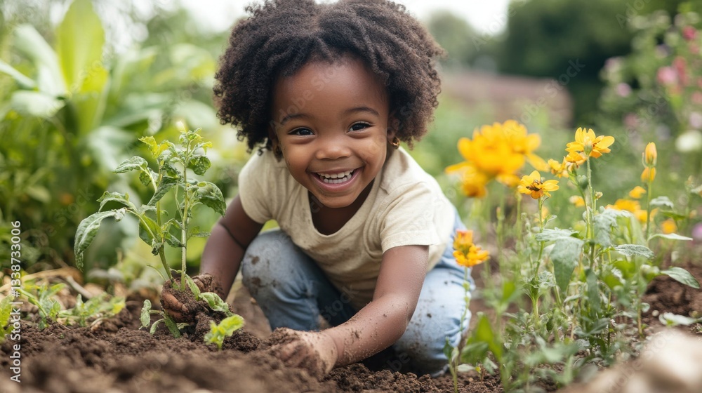 Smiling Child Gardening with Joy in a Blooming Garden Smiling Child Gardening with Joy in a Blooming Garden