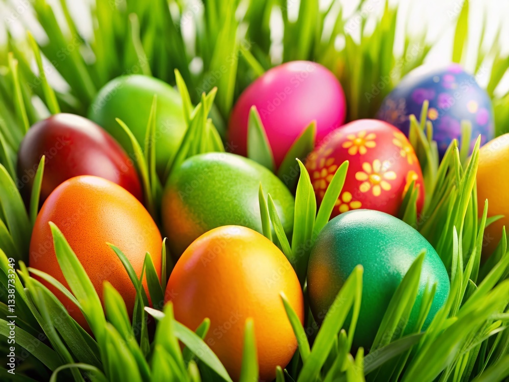 Vibrant Easter Eggs Nestled in Spring Grass - Macro Photography Vibrant Easter Eggs Nestled in Spring Grass - Macro Photography