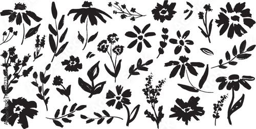 Abstract flowers and branch with leaves brush ink strokes. Hand drawn vector sketch charcoal illustration, silhouette floral design, scribble grunge brush texture. Vector flowers, fabric design
