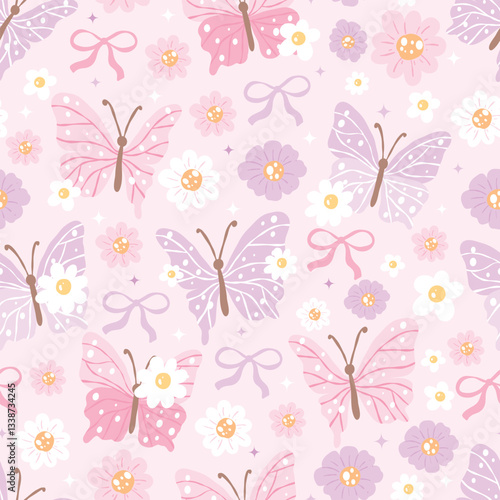 Pink and Purple Butterfly with Daisy Flower, Spring Seamless Pattern