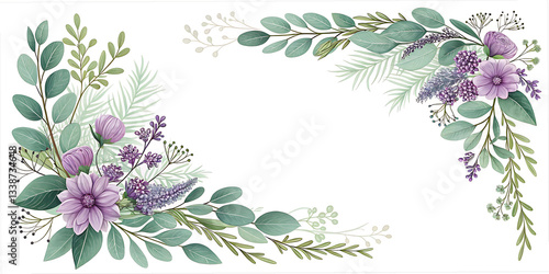 Watercolor vector corner border frame. Green eucalyptus leaves and purple flowers. Greenery clipart for wedding invitation, greeting cards, save the date, stationery design. Hand drawn illustration.