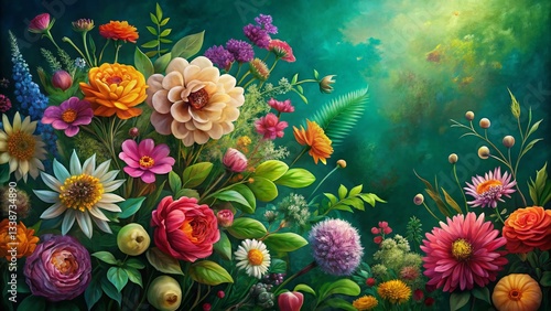 Wallpaper Mural Vibrant Colorful Flower Painting on Dark Green Background - Botanical Art Stock Photo Torontodigital.ca